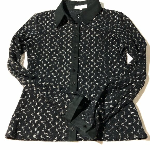 Anne Fontaine black white open knit lace collared long sleeve blouse sz 3 sheer - Picture 4 of 11